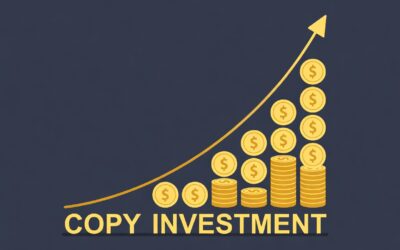 Graph illustrating the concept of "Copy Investment" with upward trend line and stacks of gold coins, symbolizing the ROI of professional copywriting services.