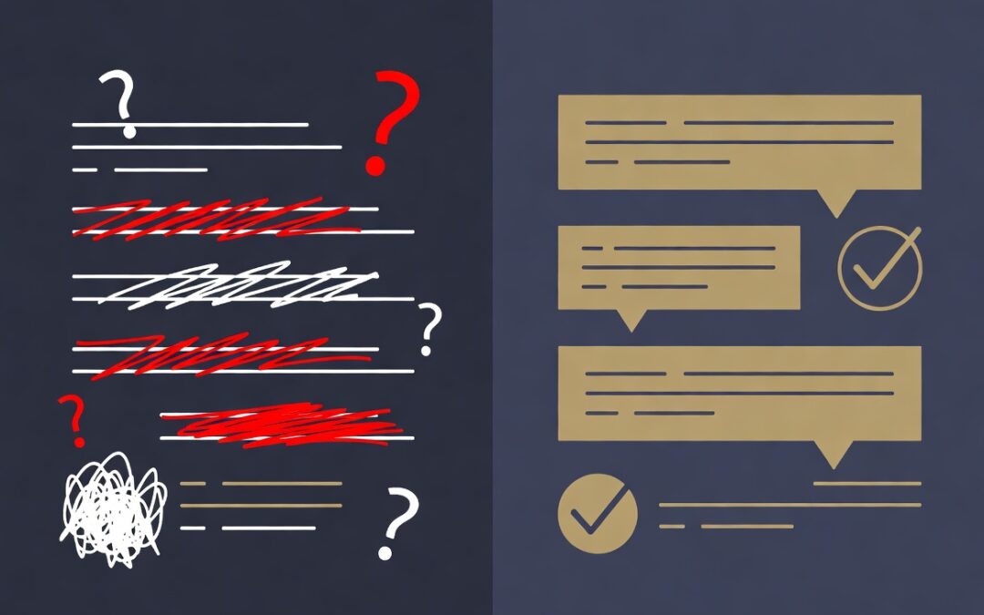 Visual comparison of ineffective versus effective website copy, featuring disorganized text with question marks and red markings on the left, and clear, structured text with checkmarks on the right, illustrating the importance of professional copywriting for improved conversion rates.