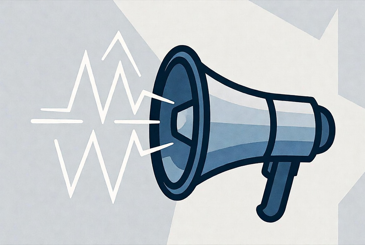 8f8635f8-b327-42e4-829c-fddb09c5b5e8 Megaphone with sound waves, symbolizing brand voice development and communication strategy.