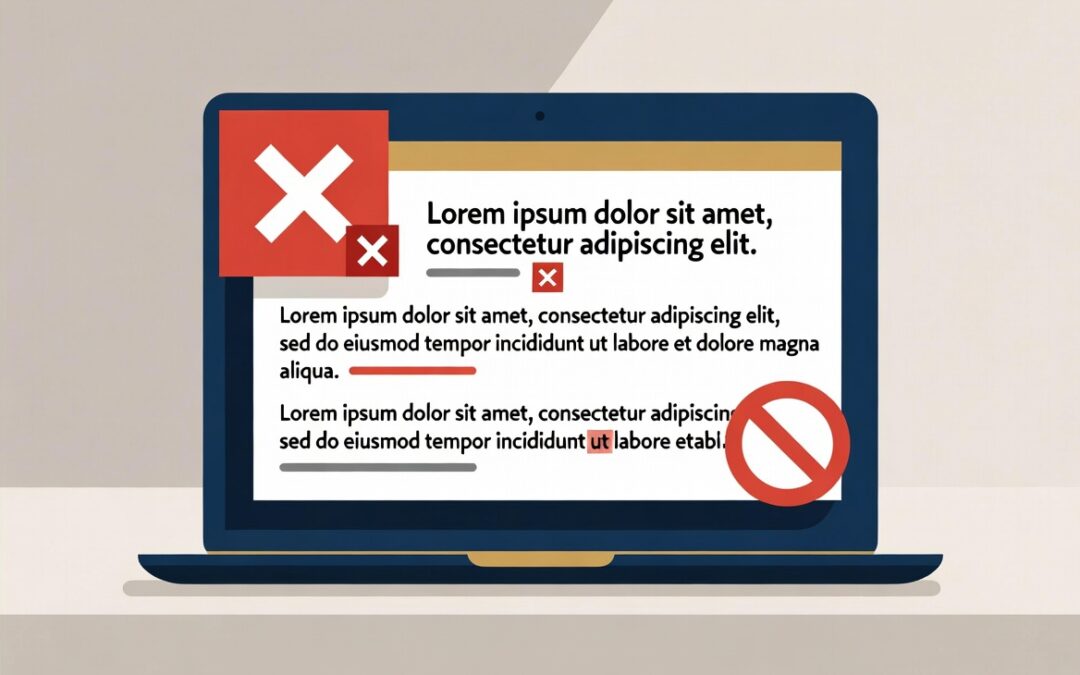 Laptop displaying ineffective copywriting with error symbols and crossed-out text, illustrating common pitfalls in website content that hinder conversion rates.