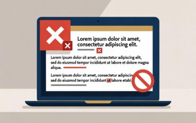 Laptop displaying website copy with errors, featuring red crosses and a prohibition symbol, illustrating common copywriting mistakes that hinder conversions.