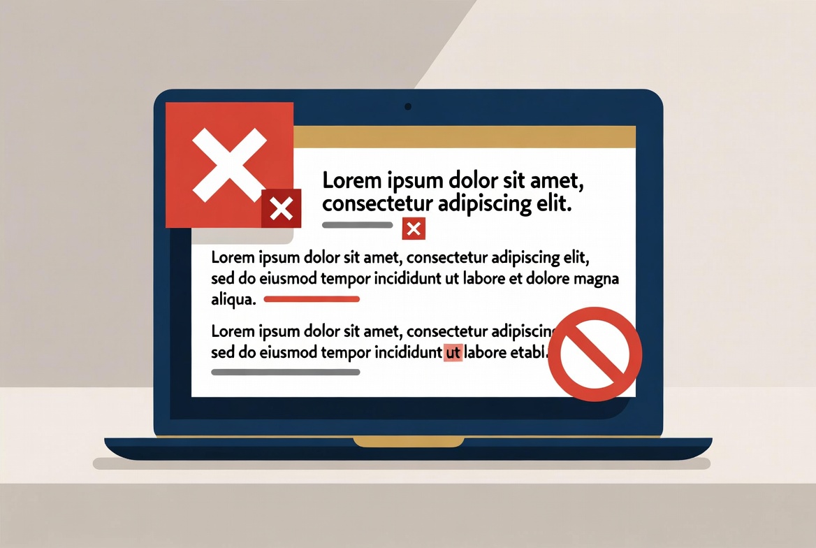 b0e7bc0d-1d14-4dee-aec9-5c8018d75e06 Laptop displaying website copy with red error symbols and highlighted mistakes, illustrating common copywriting errors in website content.