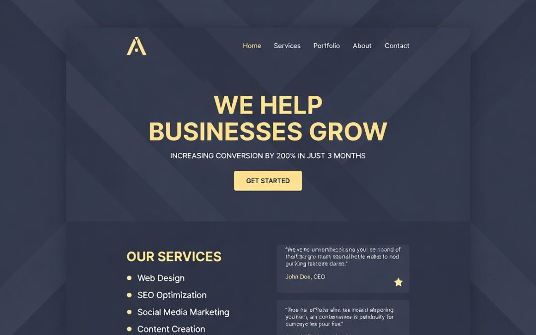Website homepage design featuring bold text "WE HELP BUSINESSES GROW" and a call-to-action button "GET STARTED," emphasizing conversion increase services in web design, SEO, and marketing.