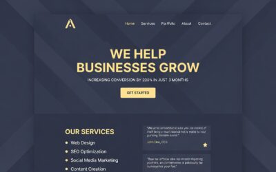 Website homepage showcasing copywriting services, featuring bold text stating "WE HELP BUSINESSES GROW," emphasizing increased conversion rates, with a call-to-action button labeled "GET STARTED" and a list of services including web design and SEO optimization.