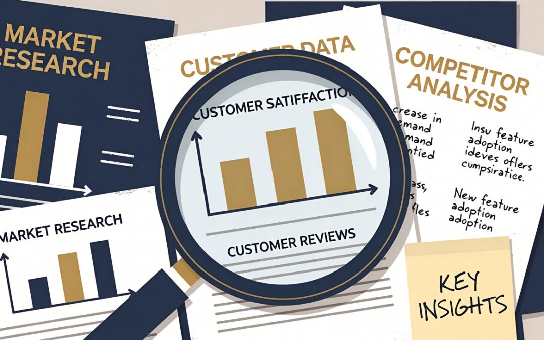 Magnifying glass highlighting customer satisfaction and reviews data on market research and competitor analysis papers, emphasizing insights for effective copywriting strategies.