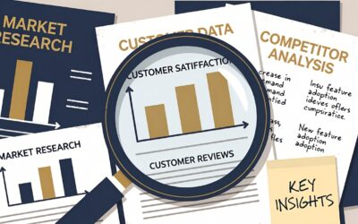 Graphs illustrating market research, customer satisfaction, and competitor analysis with a magnifying glass emphasizing customer reviews, highlighting the importance of data in effective copywriting for conversion.
