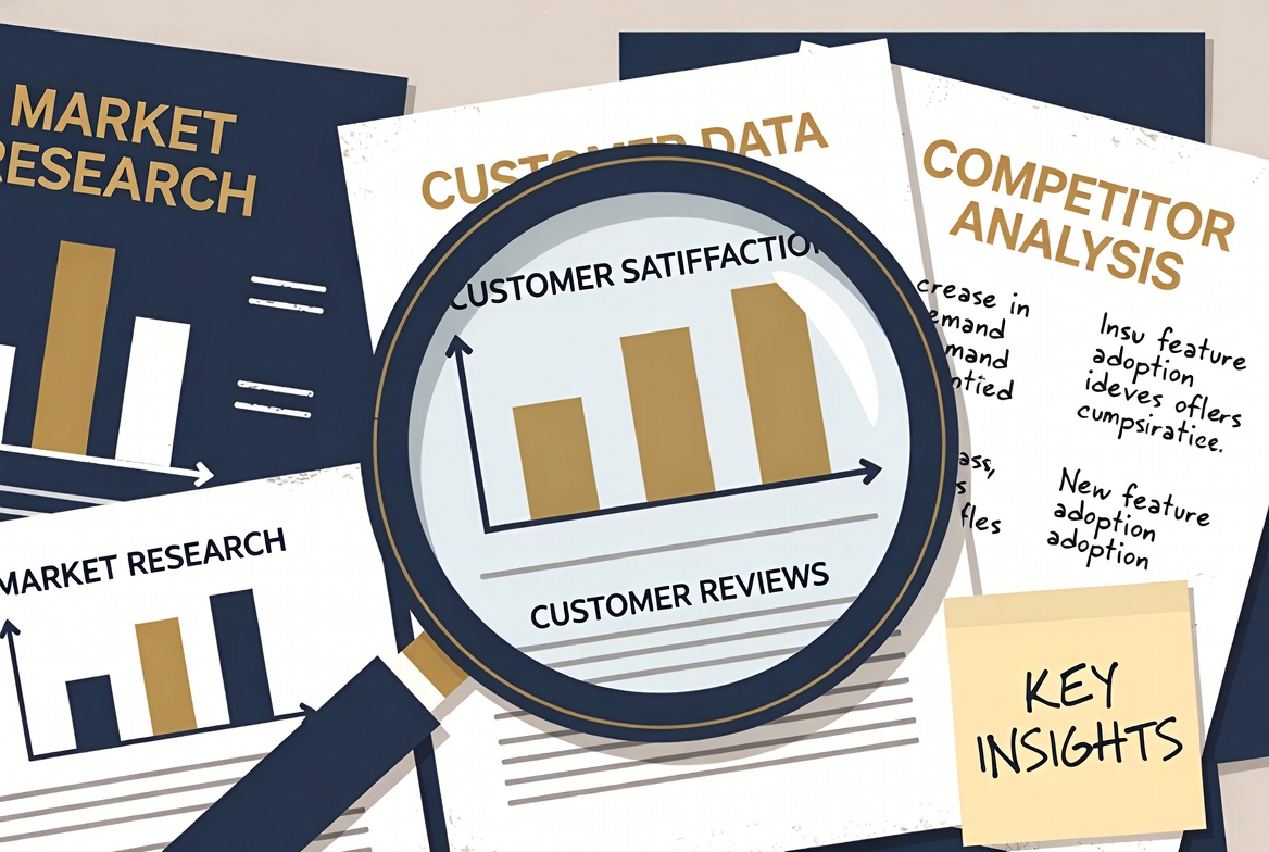 c017cff5-04a2-493f-9fca-0444212a0b32 Illustration of market research documents, featuring graphs on customer satisfaction and reviews, with a magnifying glass emphasizing insights, relevant to conversion copywriting and research importance.