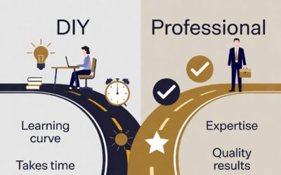 Graphic comparing DIY versus professional copywriting, highlighting learning curve and time for DIY on the left, and expertise and quality results for professionals on the right.