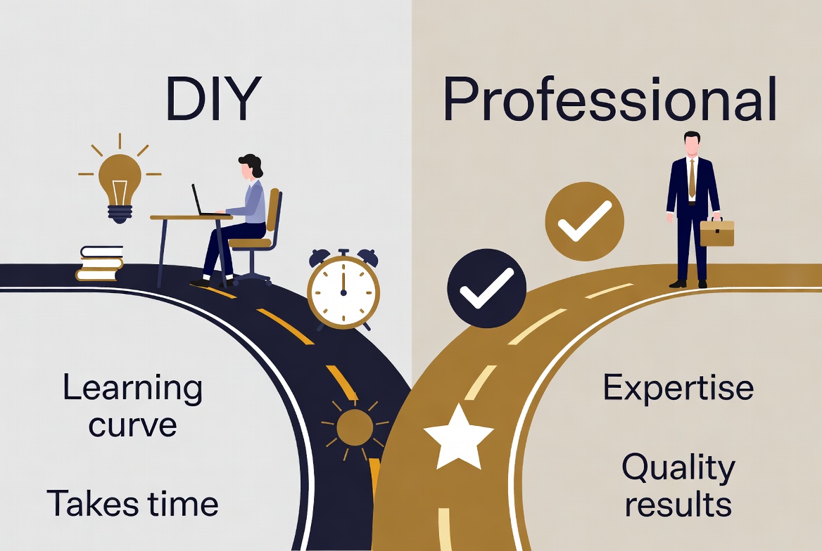 c186bcfb-f98e-47f7-bddb-e5e3d6c56fee Illustration contrasting DIY and professional copywriting, featuring a person working at a desk with a light bulb, books, and a clock on the left, and a suited professional with checkmarks symbolizing expertise and quality results on the right.
