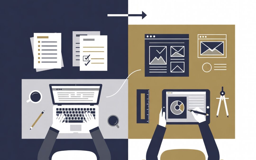 Illustration of a workspace divided into two sections: left side featuring a laptop with documents and a coffee cup, right side showing a tablet with design elements and a ruler, representing collaboration between copywriters and designers.