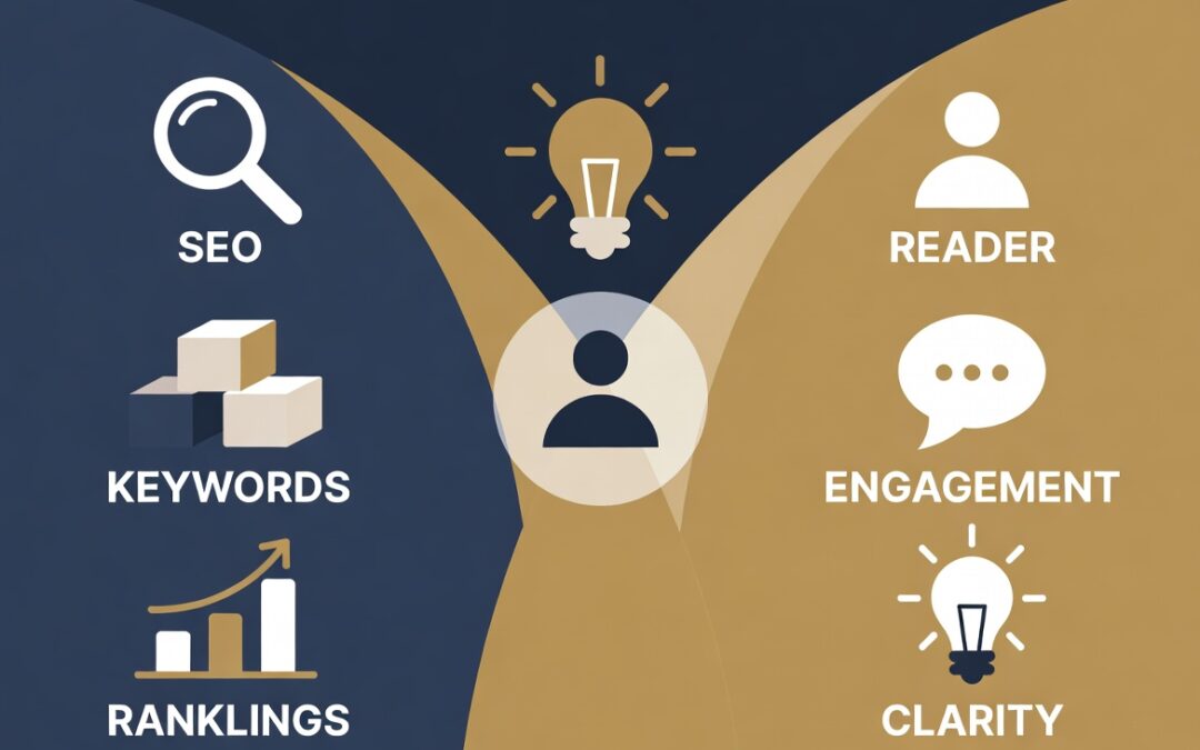 SEO best practices diagram highlighting keywords, reader engagement, clarity, and rankings with central figure representing effective copywriting.