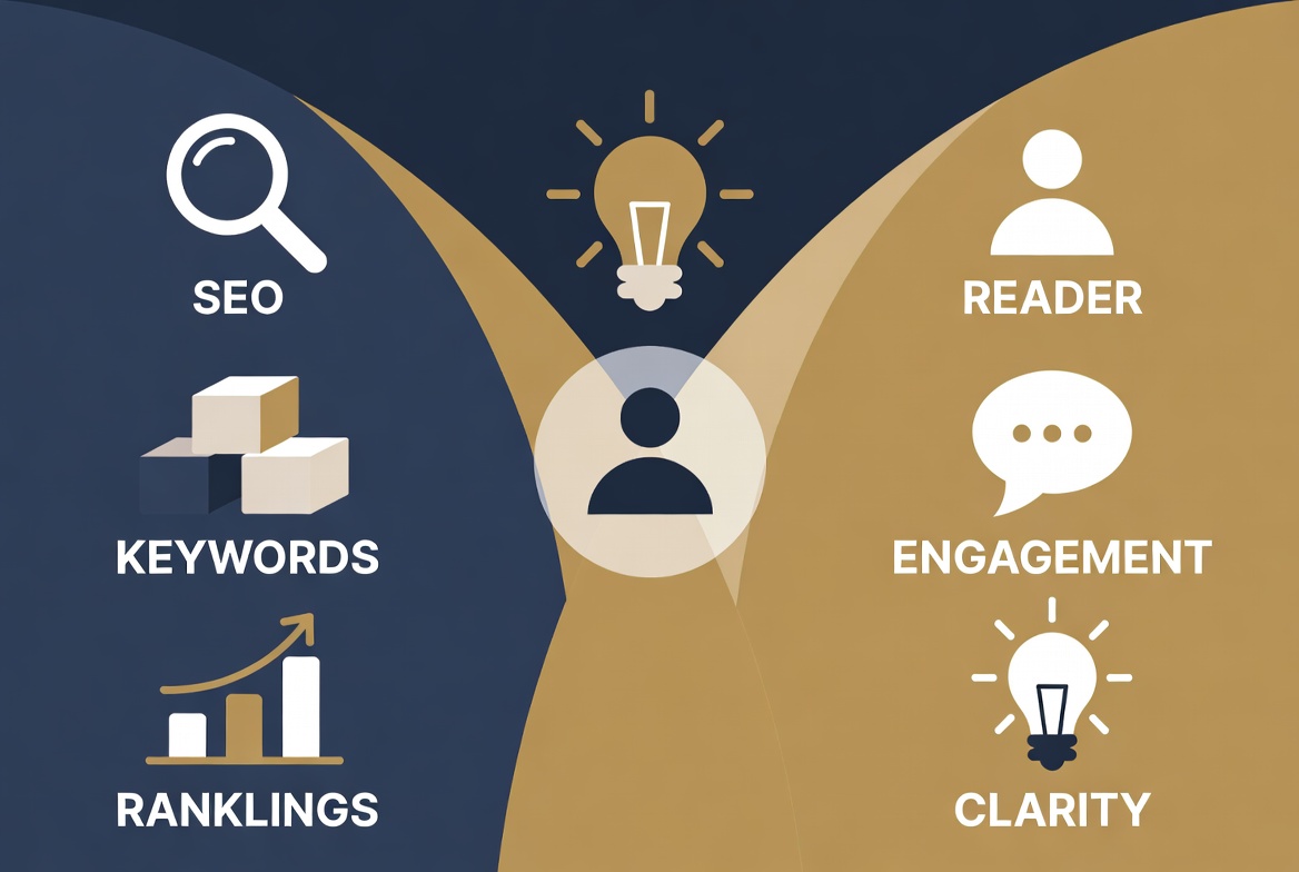 SEO and keywords with reader engagement, clarity, and rankings centered around a person, illustrating the balance of effective SEO copywriting.