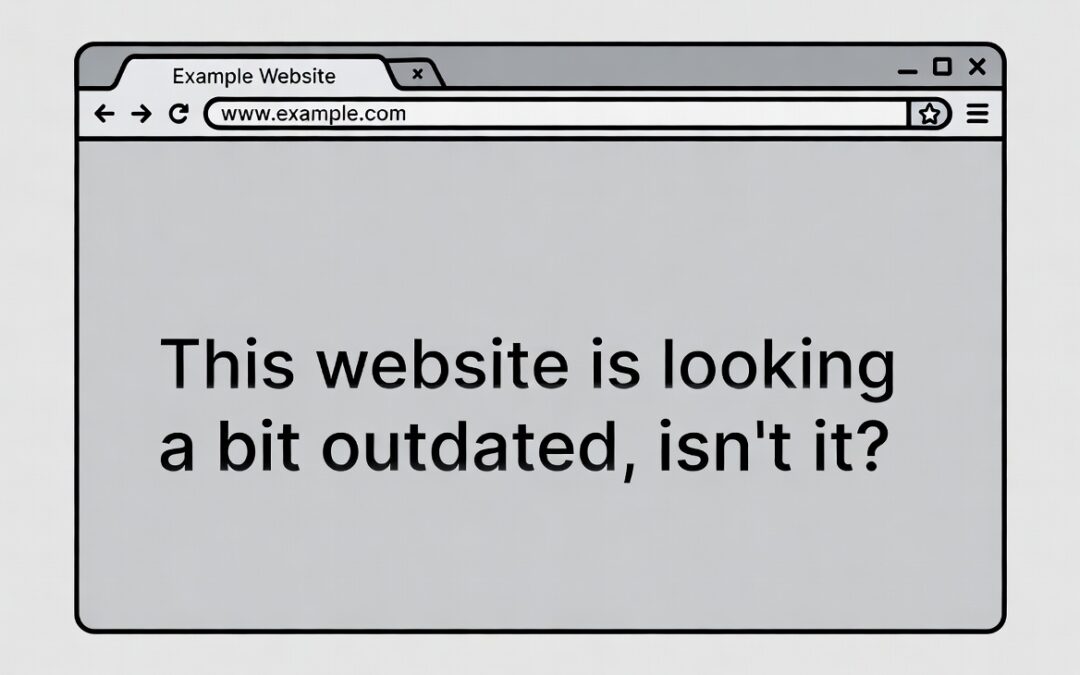 Website mockup displaying the message "This website is looking a bit outdated, isn't it?" related to website redesign and copywriting improvements.