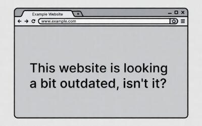 Illustration of a web browser displaying the message "This website is looking a bit outdated, isn't it?" highlighting the importance of modern web design and copywriting services.