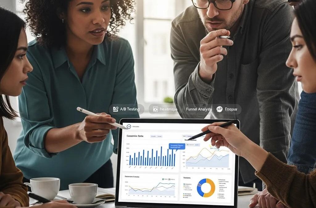 Group of professionals analyzing website conversion strategies around a laptop, discussing data insights, including A/B testing and funnel analysis, to enhance customer engagement and improve website copy effectiveness.