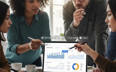 Group of professionals discussing website conversion strategies around a laptop displaying analytics and graphs.