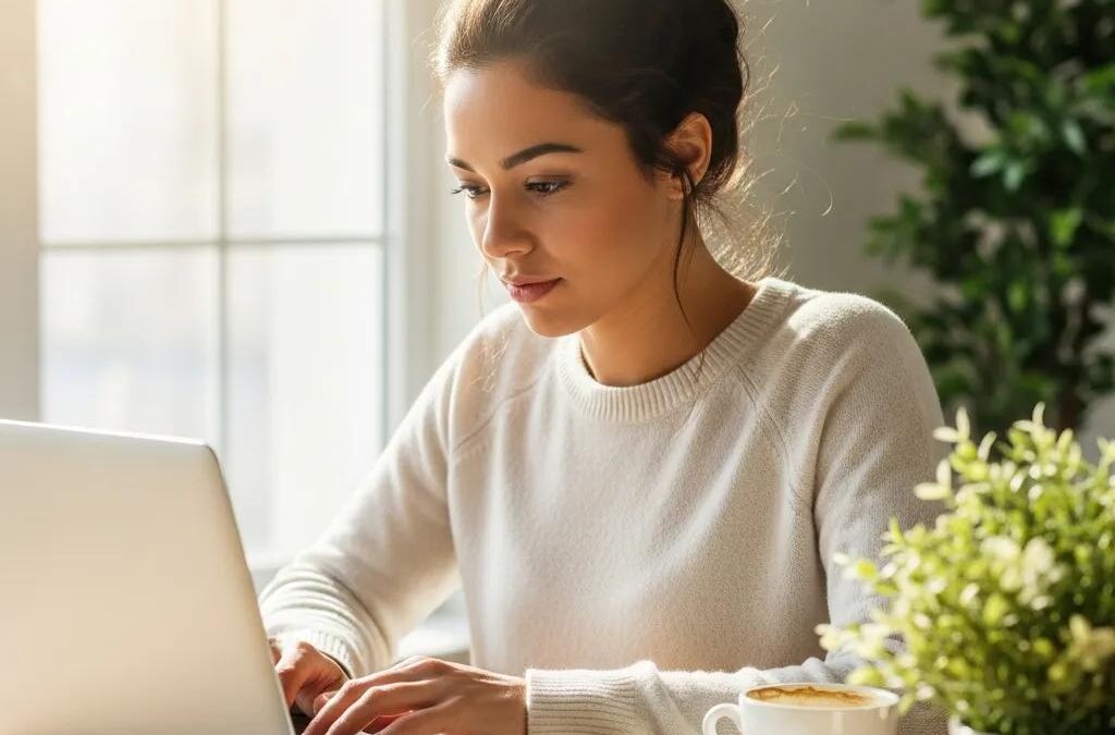 Person writing website copy on a laptop in a modern workspace, surrounded by a coffee cup and greenery, reflecting the importance of brand voice development.