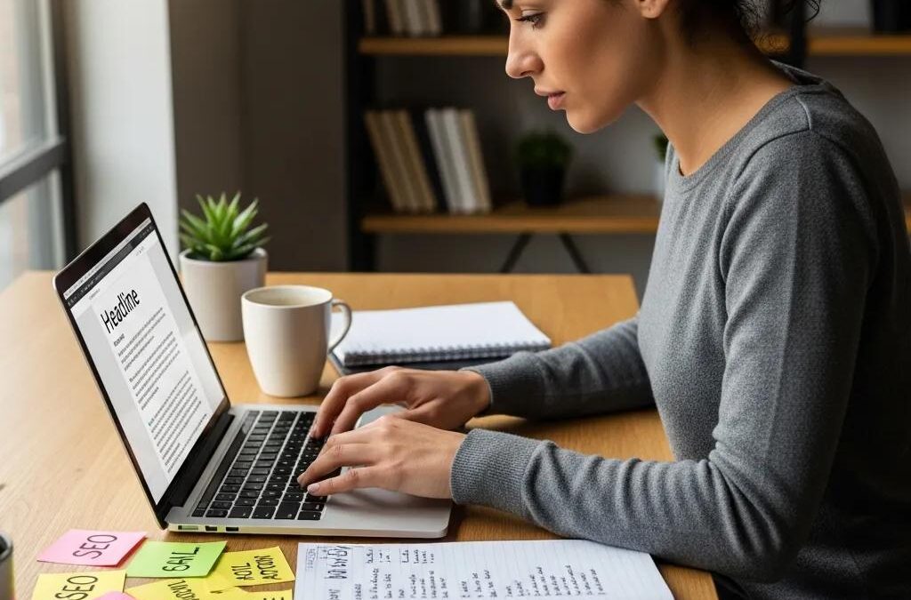 Professional copywriter working on website content at a desk, focused on laptop screen displaying a headline, with notes and a coffee cup nearby, emphasizing the importance of organized feedback for effective web copy.