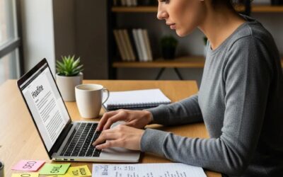 Professional copywriter working on website content, using laptop with notes and coffee, emphasizing effective web copy for improved conversions.