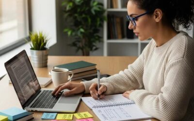 Woman writing notes while working on a laptop in a modern office, emphasizing productivity and creativity in copywriting.