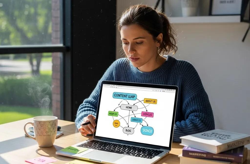 Woman analyzing content strategy on laptop at a desk with notes and coffee, illustrating the copywriting process for effective website messaging.
