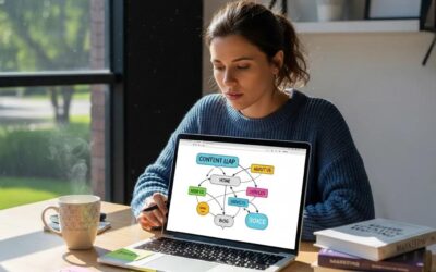 Woman at a desk with a laptop displaying a content mapping diagram, illustrating the copywriting process, surrounded by notes and a coffee cup, emphasizing the professional copywriting services of James Thole.