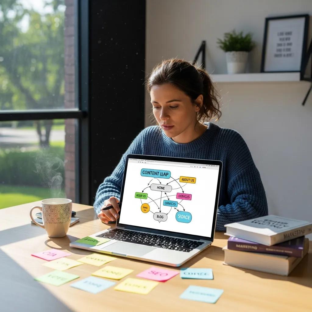 Website copywriter at a desk with notes and laptop, illustrating the copywriting process